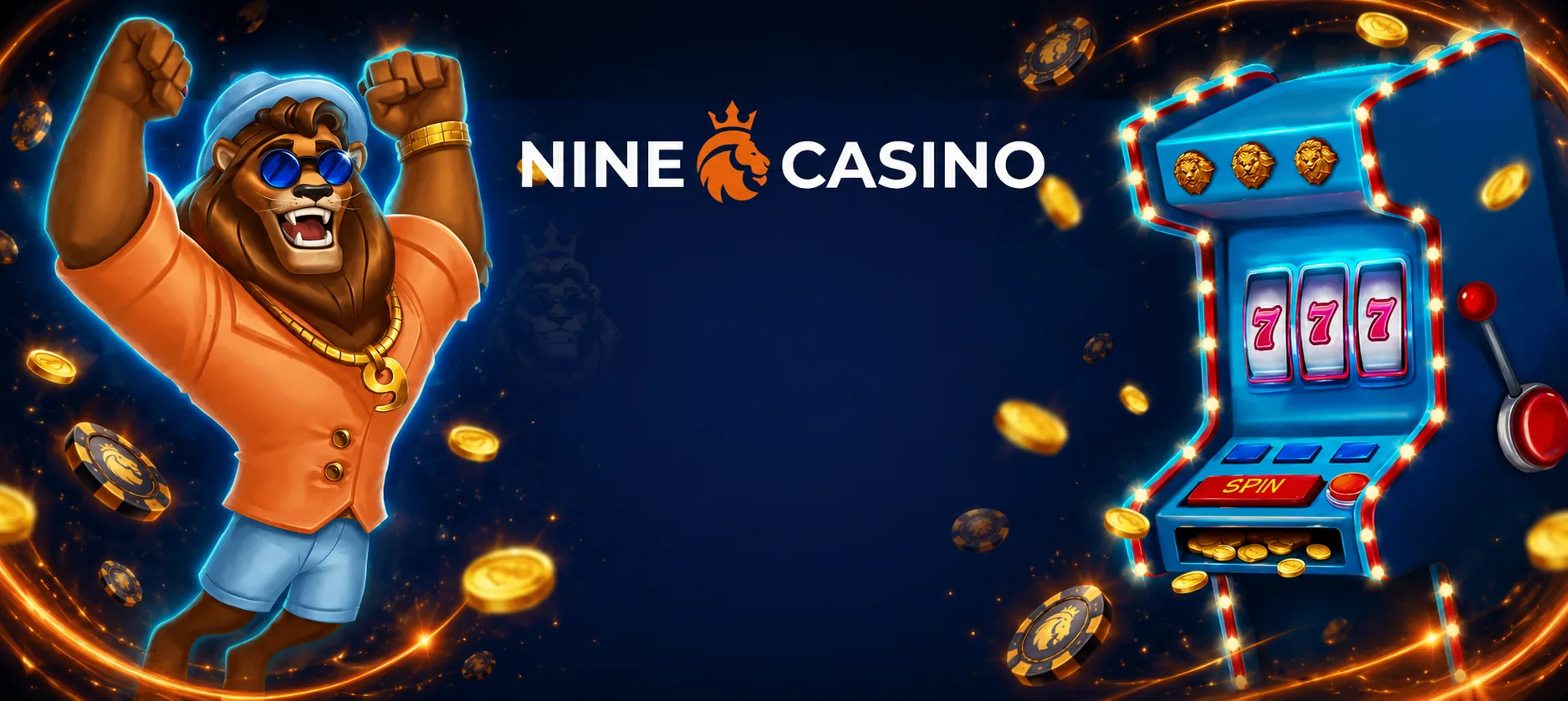 Nine Casino welcome package with lion mascot and slot machine